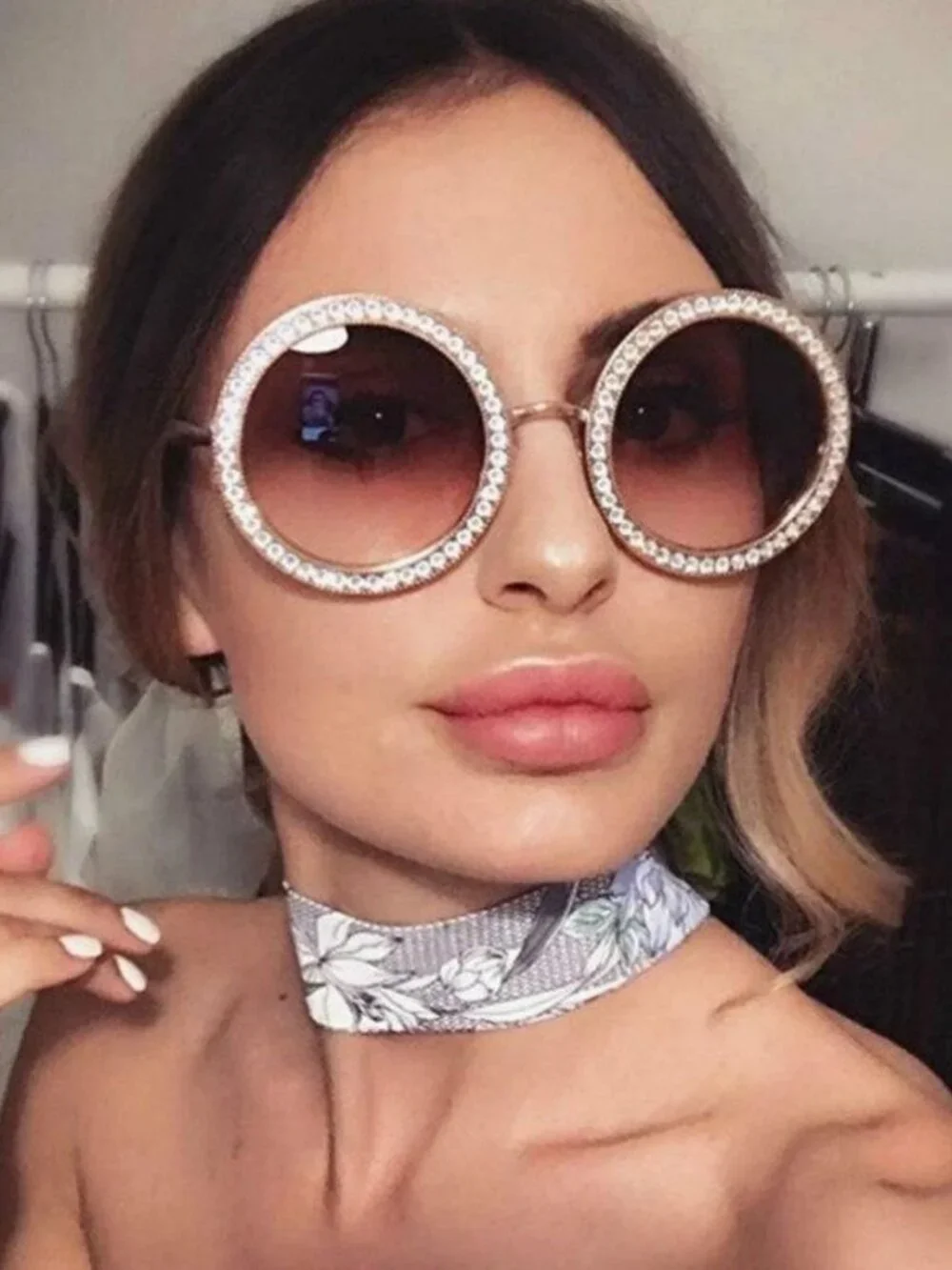 SOJOS Rose Gold Oversized Round Rhinestone Sunglasses - SJ1095
